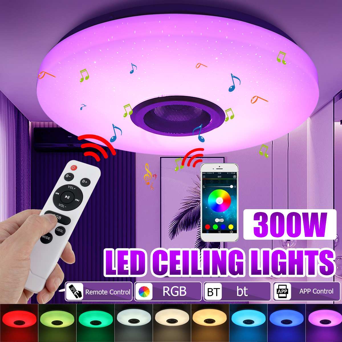 300W RGB 디 밍이 가능한 음악 천장 조명 원격 및 APP 제어 천장 조명 AC180-265V 홈 블루투스 스피커 lightingFixture